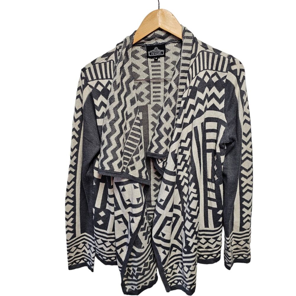 ANGIE Southwestern‎ Cardigan MEDIUM Gray/Cream Aztec Wool Blend